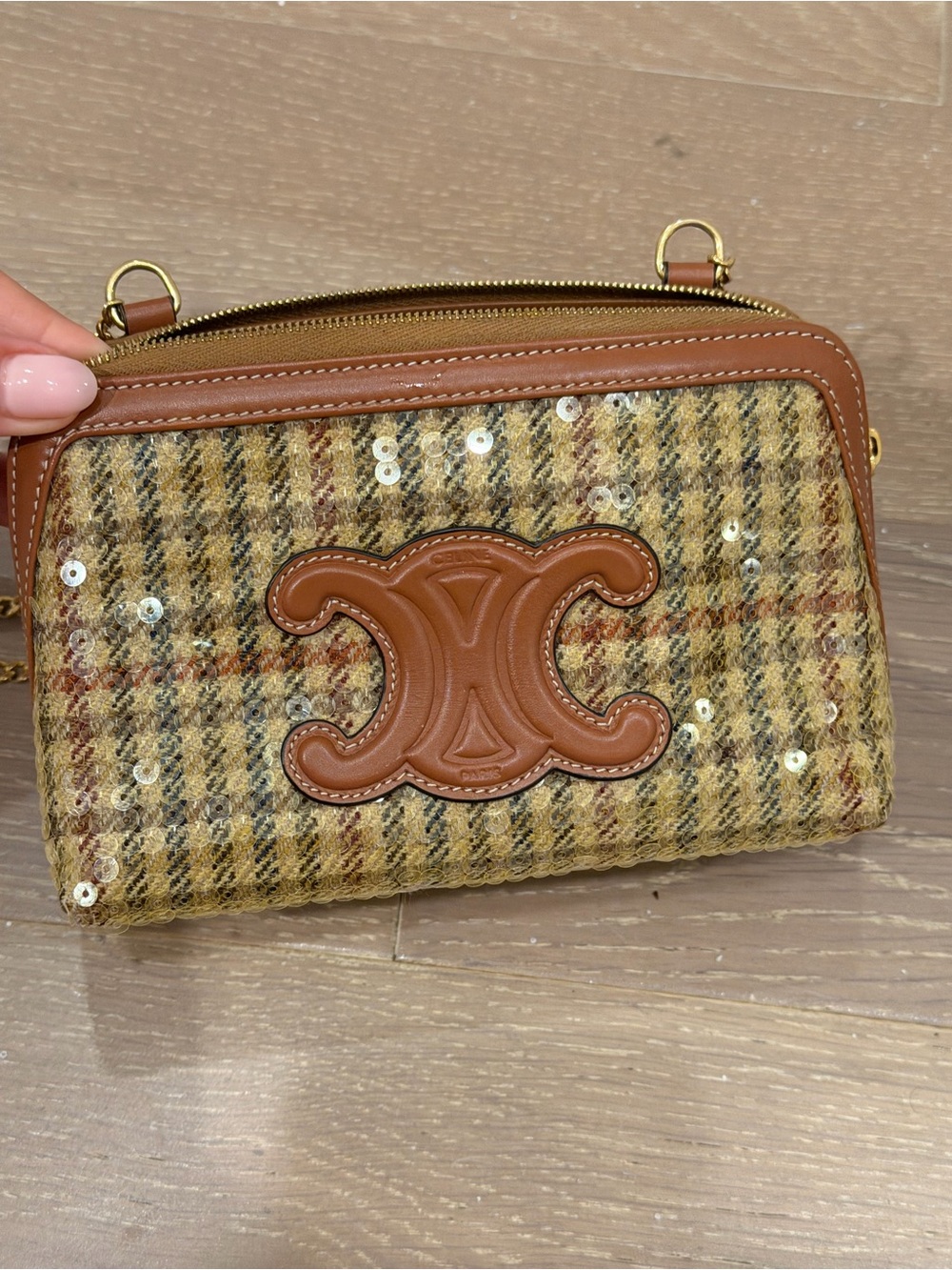 Celine Brown Tweed Crossbody Bag with Leather Triomphe Logo